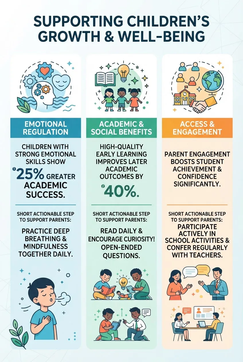 with three vertical columns labeled Emotional Regulation, Academic & Social Benefits, Access & Engagement. Each column has an icon, one